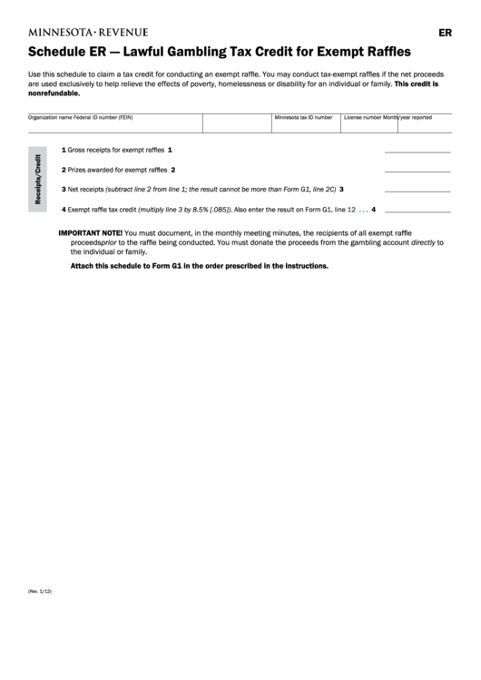 Fillable Schedule Er Lawful Gambling Tax Credit For Exempt Raffles