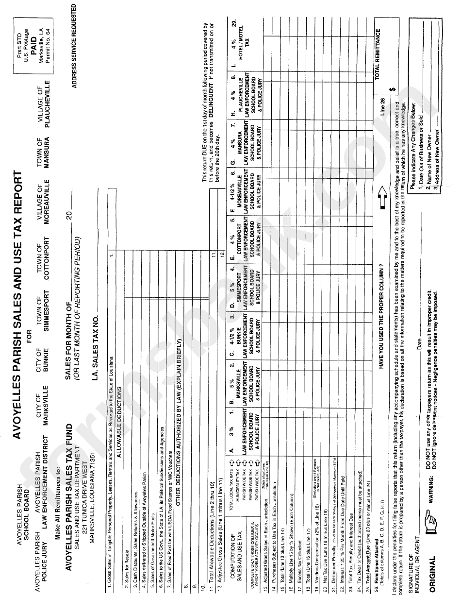 Avoyelles Parish Sales And Use Tax Report Form printable pdf download