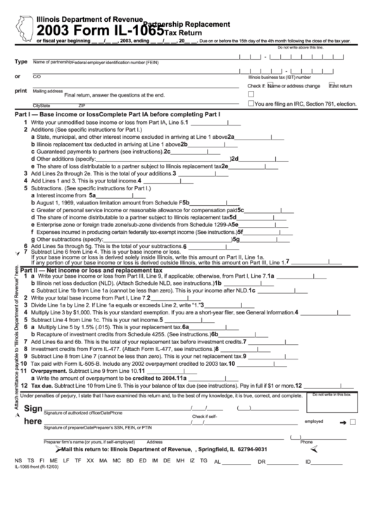 Form Il1065 Partnership Replacement Tax Return 2003 printable pdf