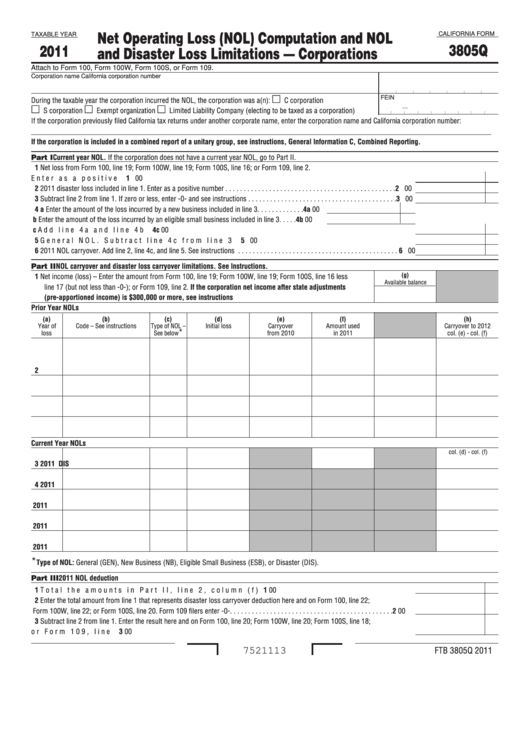 California Form 3805q Net Operating Loss (Nol) Computation And Nol