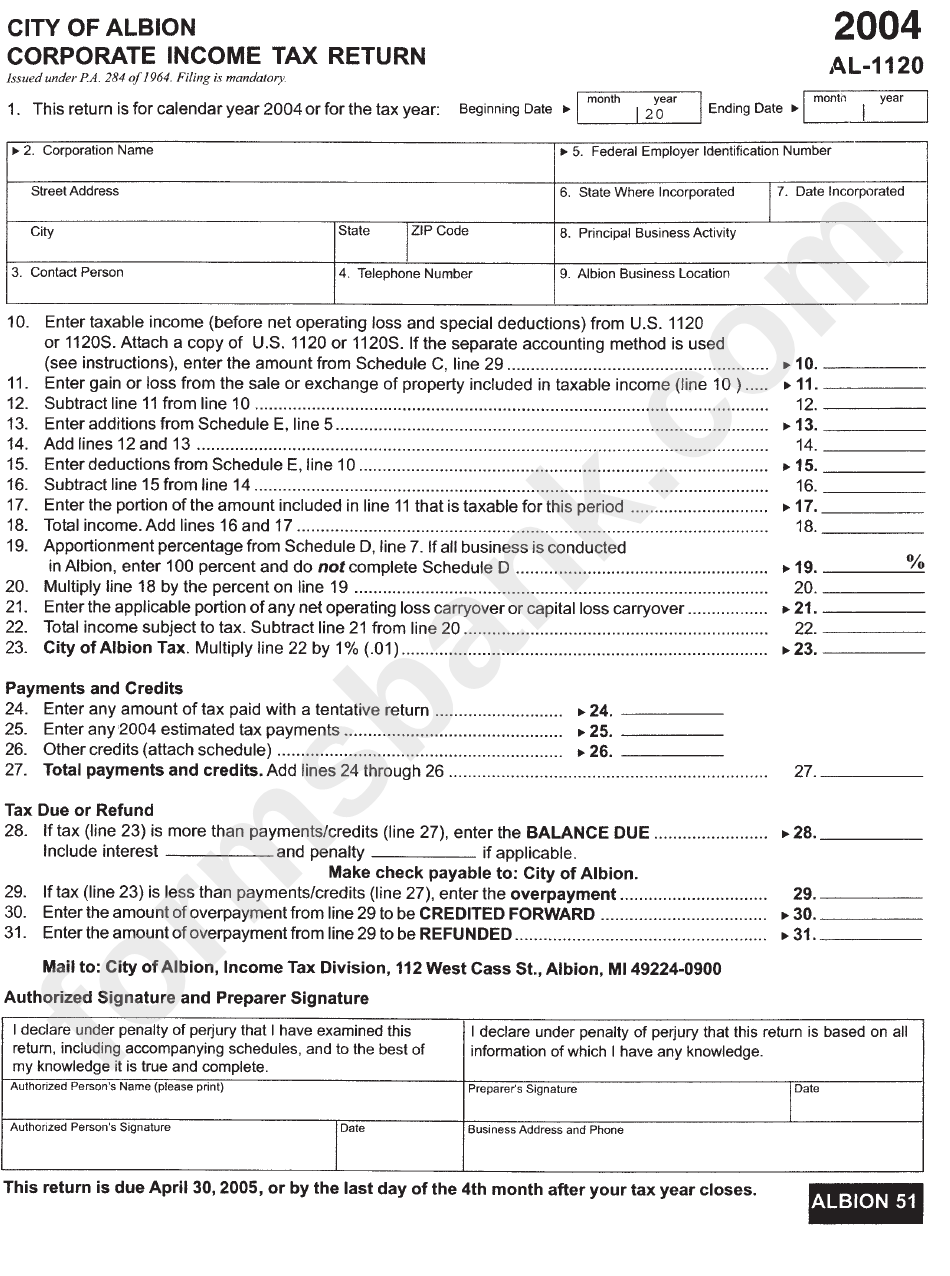 Form Al1120 Corporate Tax Return City Of Albion 2004