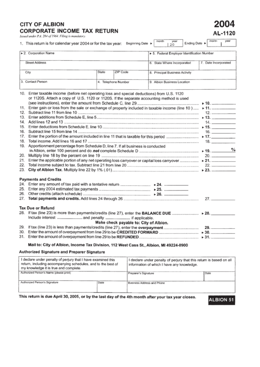 Form Al1120 Corporate Tax Return City Of Albion 2004