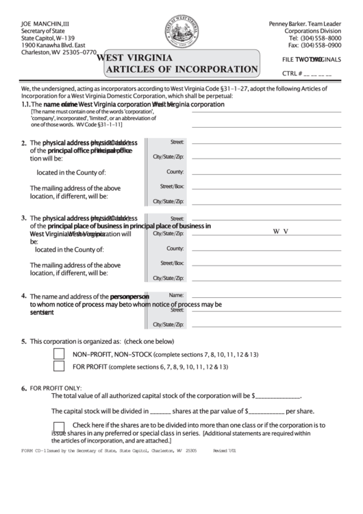Fillable West Virginia Articles Of Incorporation printable pdf download