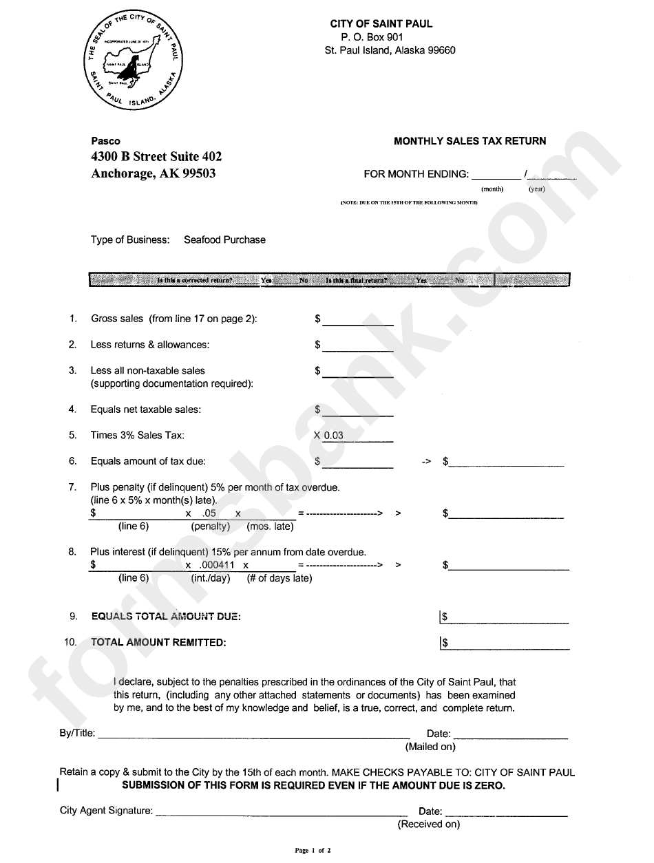 Monthly Sales Tax Return City Of Saint Paul printable pdf download