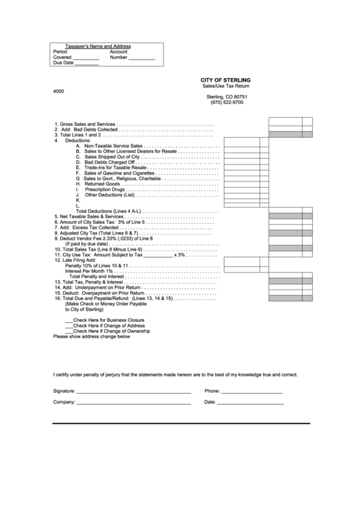 Sales/use Tax Return City Of Sterling printable pdf download