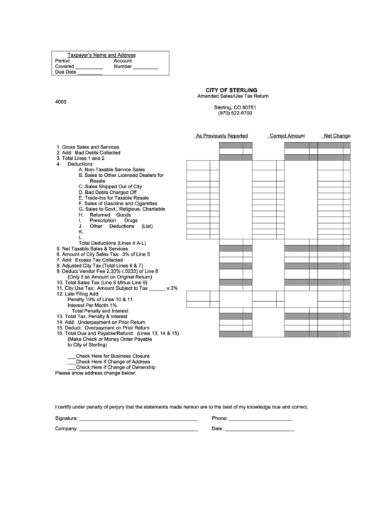Amended Sales/use Tax Return City Of Sterling printable pdf download
