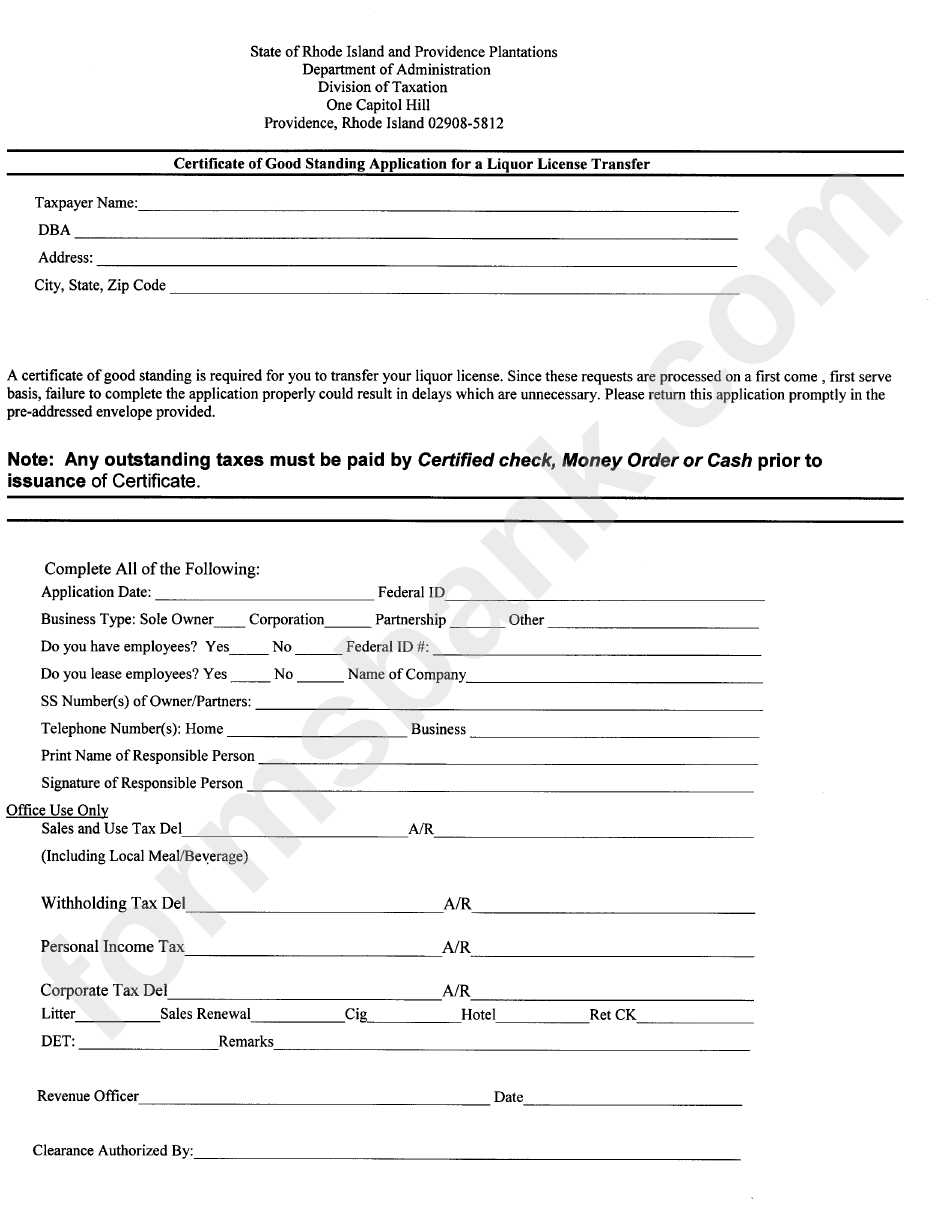 Certificate Of Good Standing Application For A Liquor License Transfer