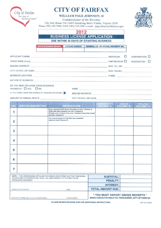 Business License Application City Of Fairfax 2012 printable pdf