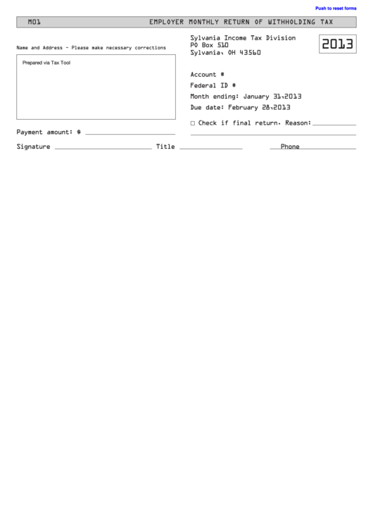Fillable Employer Monthly Return Of Withholding Tax Sylvania