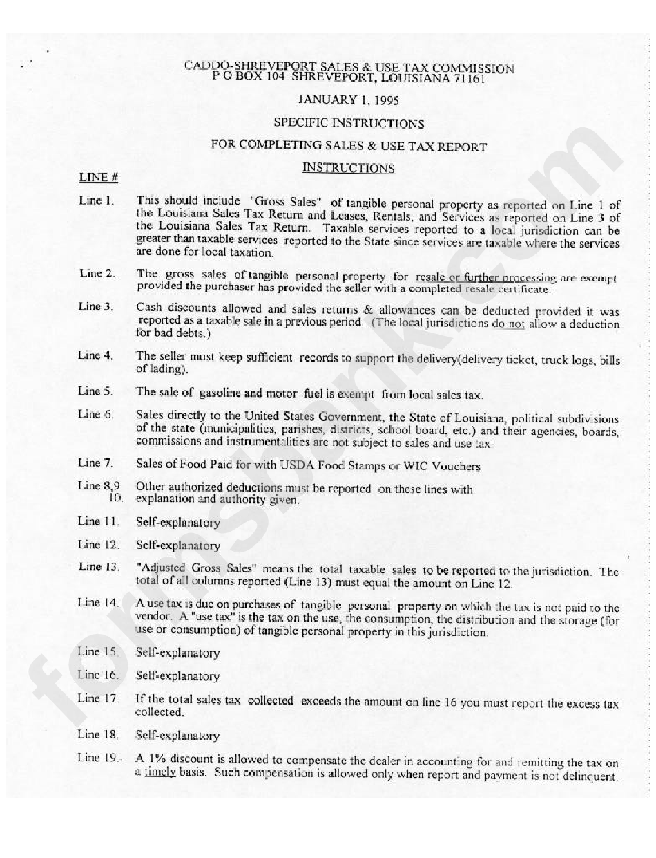 Specific Instructions For Completing Sales And Use Tax Report Caddo
