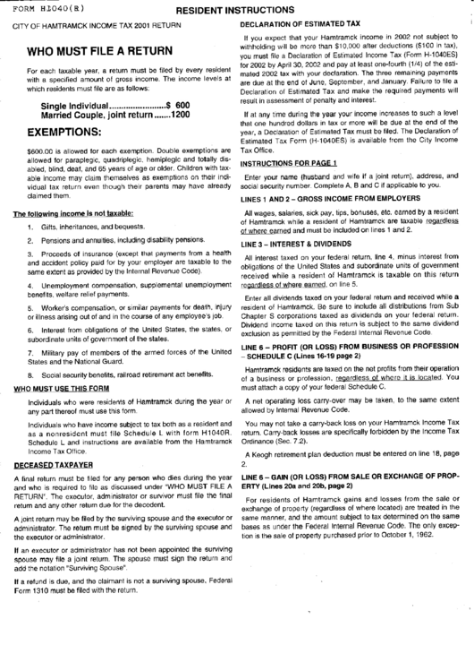 Resident Instructions For Form H1040 (R) City Of Hamtramck Tax