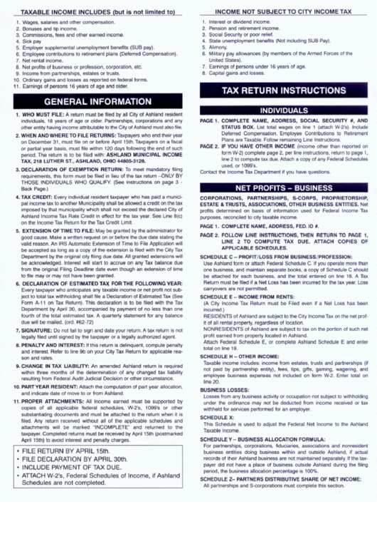 Annual City Tax Return Ashland Municipal Tax printable