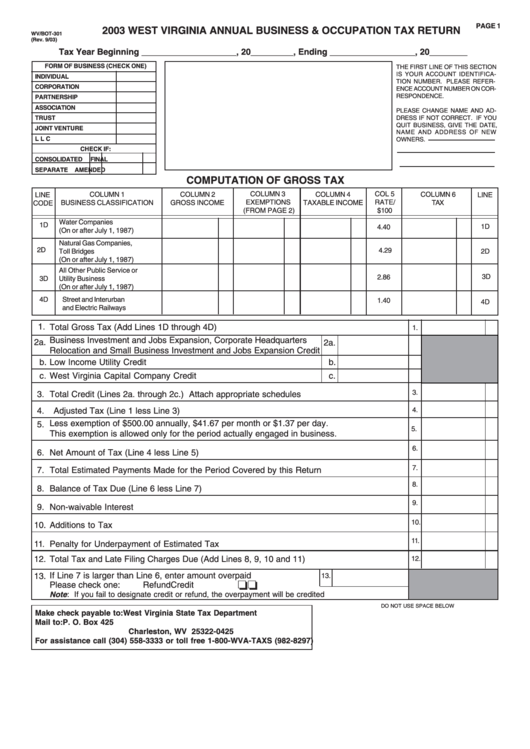 Form Wv/bot301 West Virginia Annual Business & Occupation Tax Return