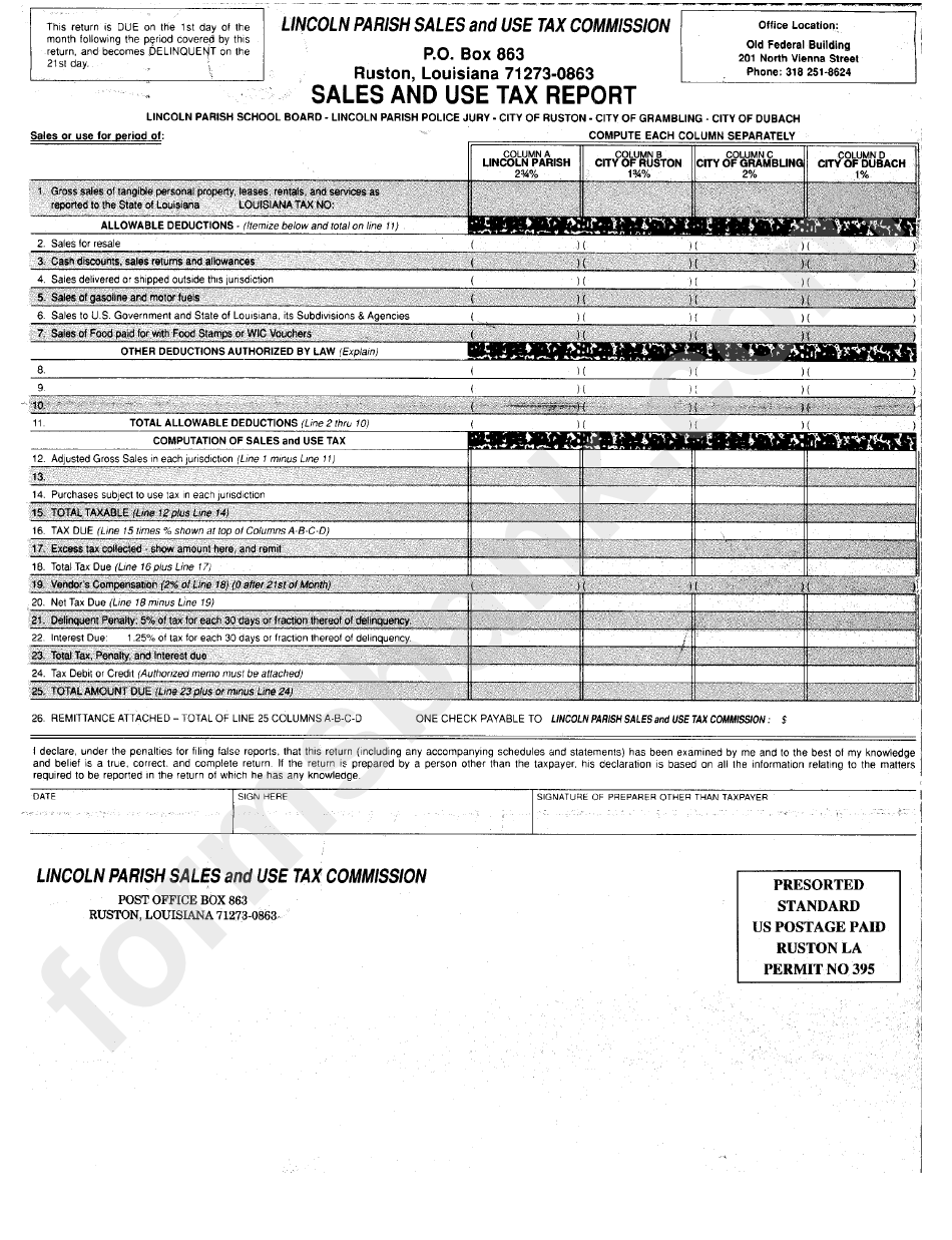 Sales And Use Tax Report State Of Louisiana printable pdf download