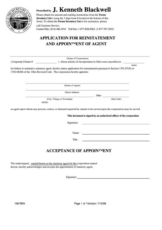 Form 108Ren Application For Reinstatement And Appointment Of Agent