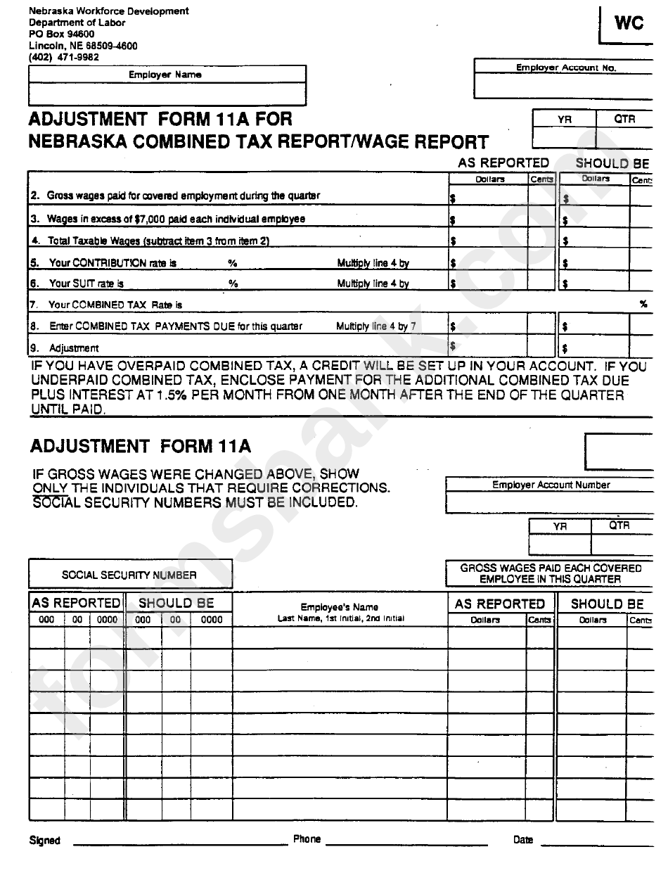Adjustment Form 11a For Nebraska Combined Tax Report/wage Report