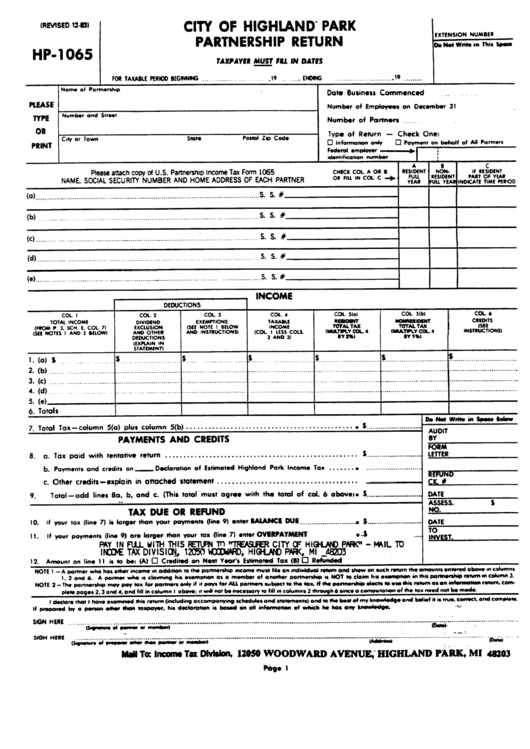 Form Hp1065 City Of Highland Park Partnership Return Tax