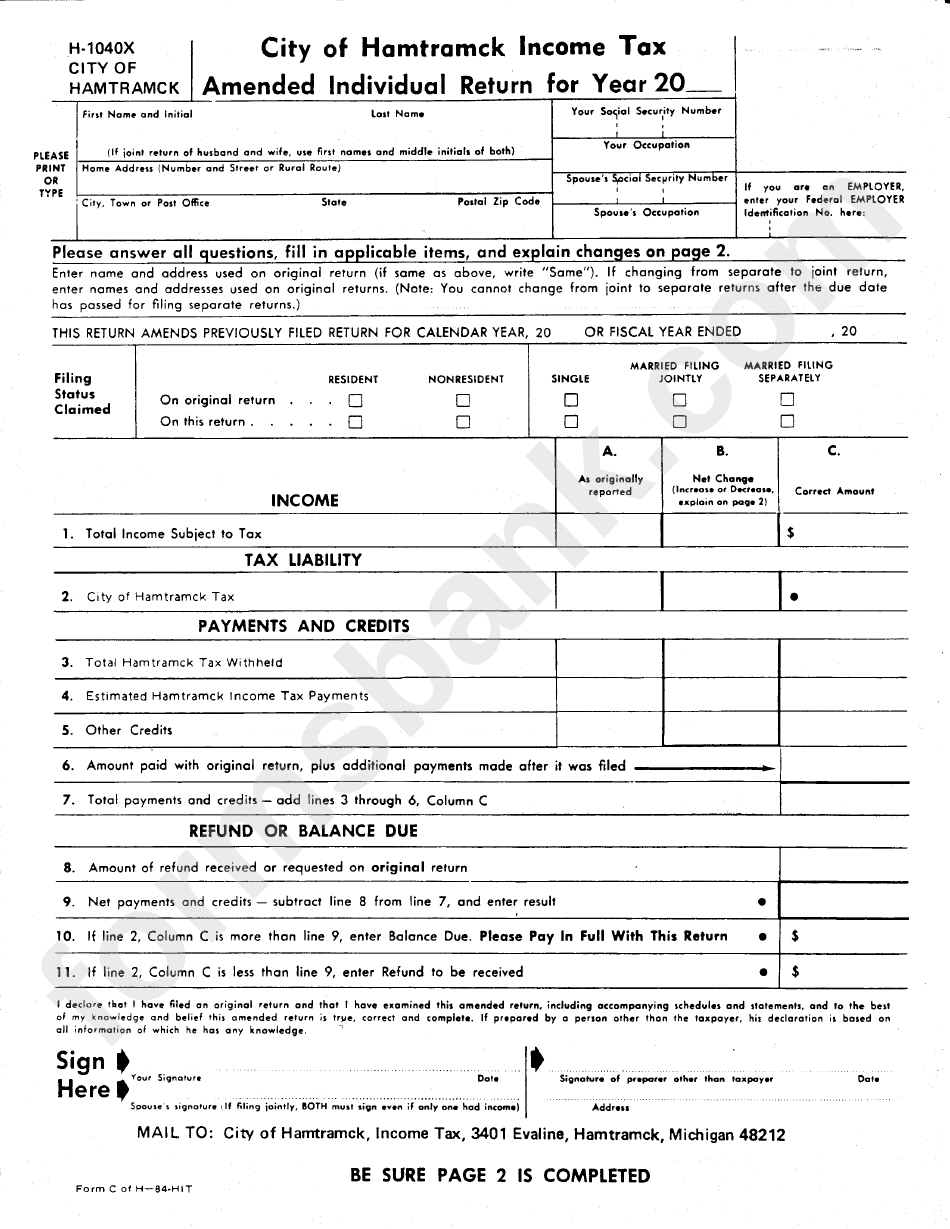 Form H1040x City Of Hamtramck Tax Amended Individual Return