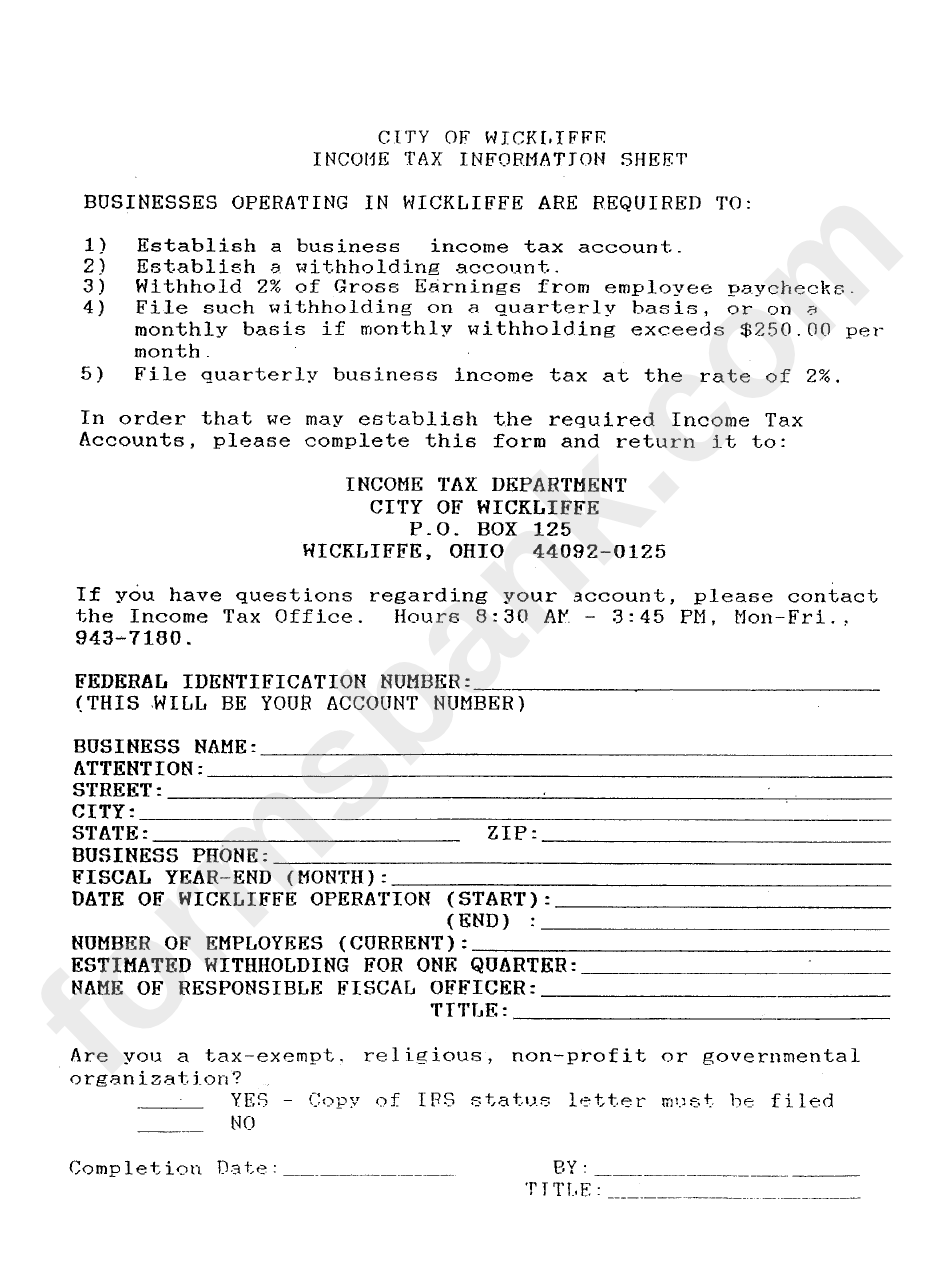Tax Information Sheet City Of Wickliffe printable pdf download