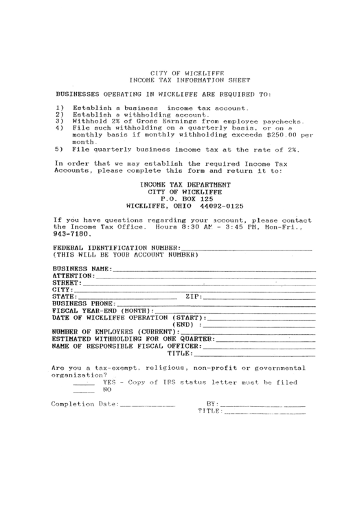 Tax Information Sheet City Of Wickliffe printable pdf download