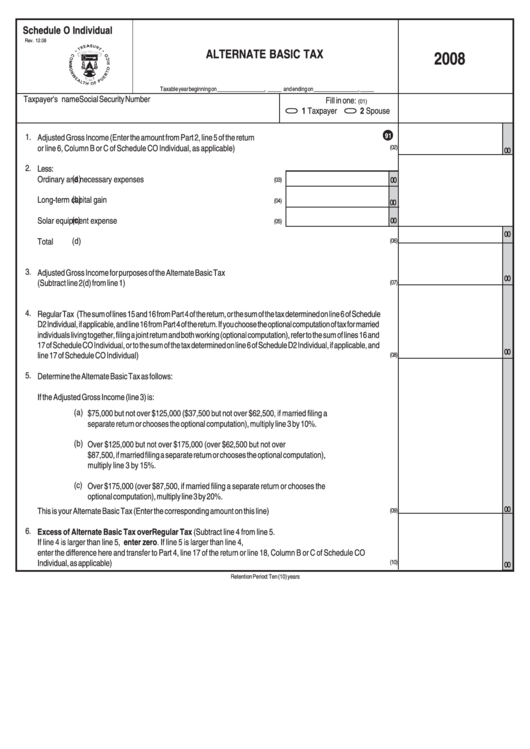 Schedule O Individual Alternate Basic Tax 2008 printable pdf download