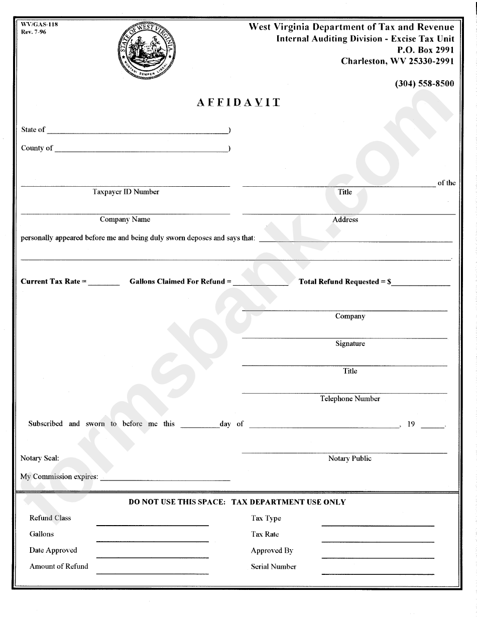 Form Wv/gas118 Affidavit West Virginia Department Of Tax And