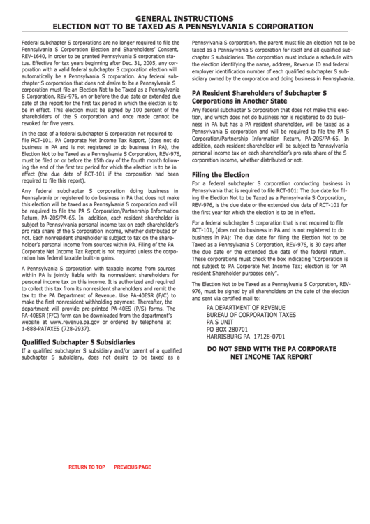 General Instructions Election Not To Be Taxed As A Pennsylvania S