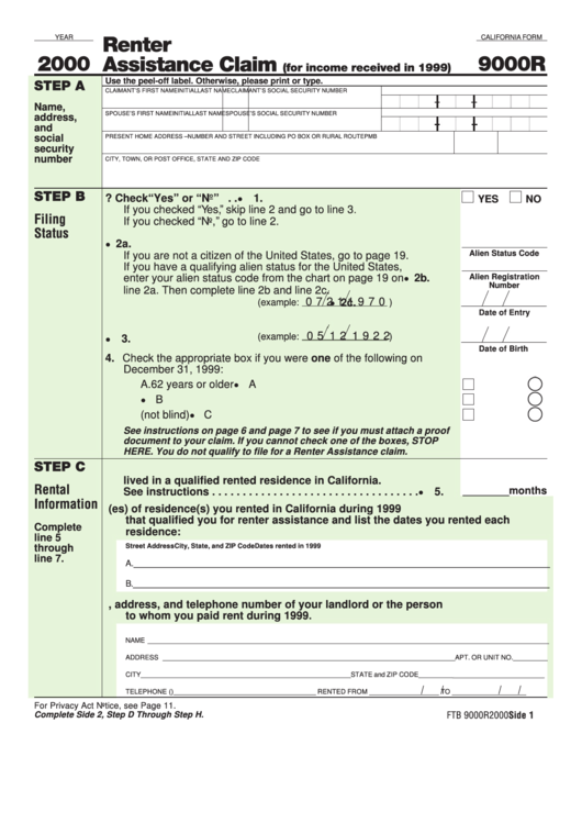 California Form 9000r Renter Assistance Claim (For Received In