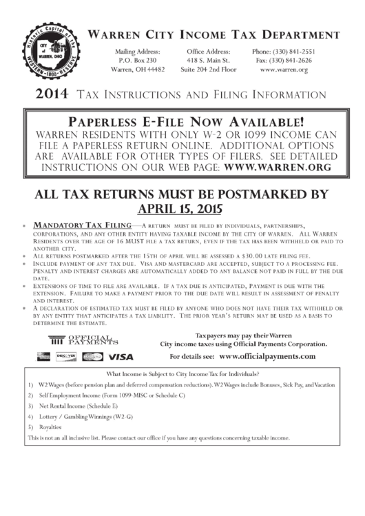 Tax Instructions And Filing Information Warren City Tax