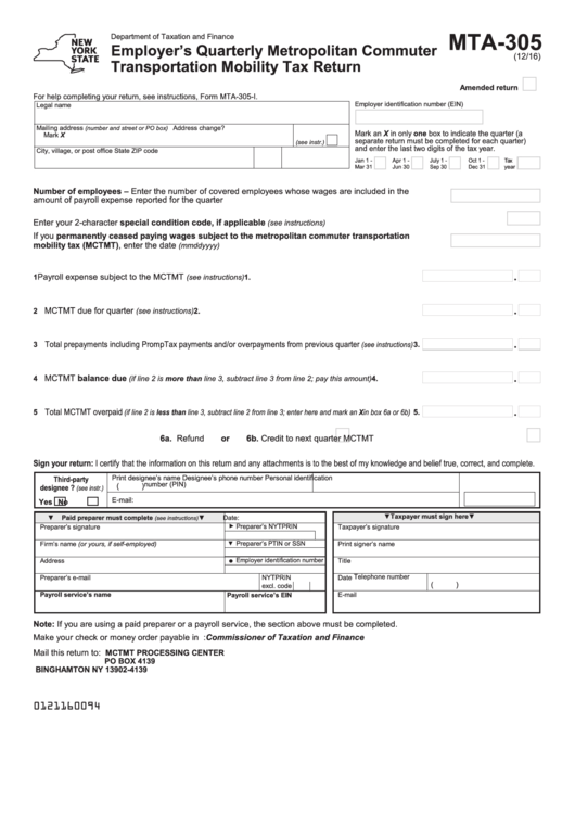 Fillable Form Mta305 Employer'S Quarterly Metropolitan