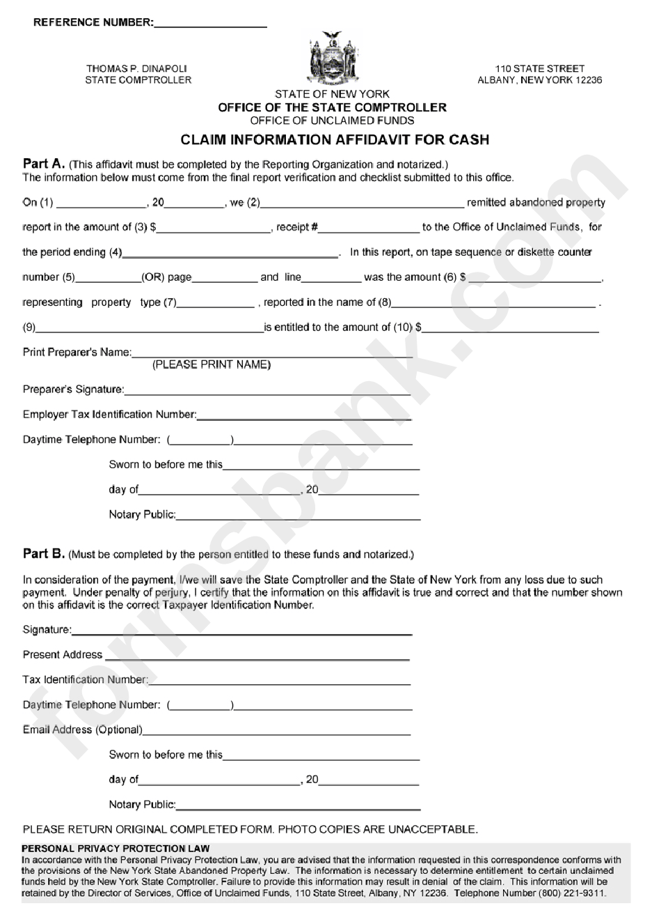 Claim Information Affidavit For Cash State Of New York Office Of