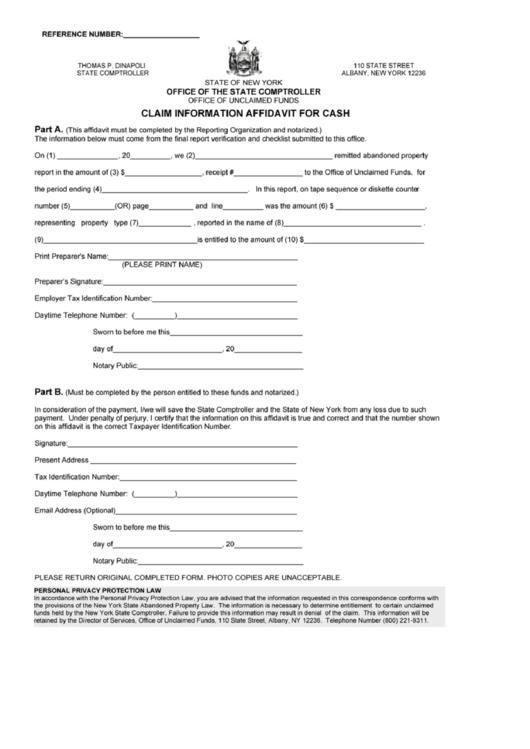 Claim Information Affidavit For Cash State Of New York Office Of