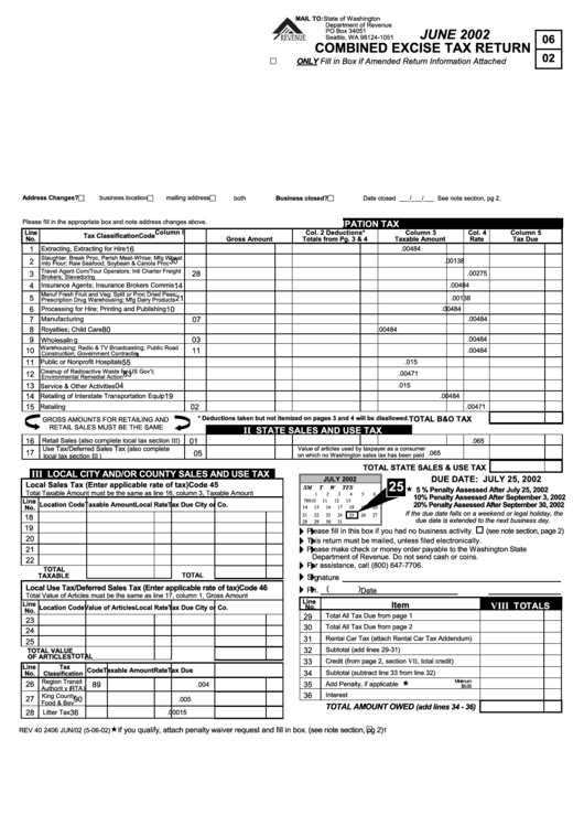 State Of Washington Combined Excise Tax Return 2002 printable pdf