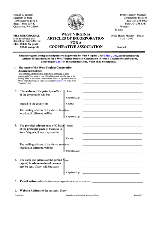 Fillable Form Cad1 Articles Of Incorporation For A Cooperative