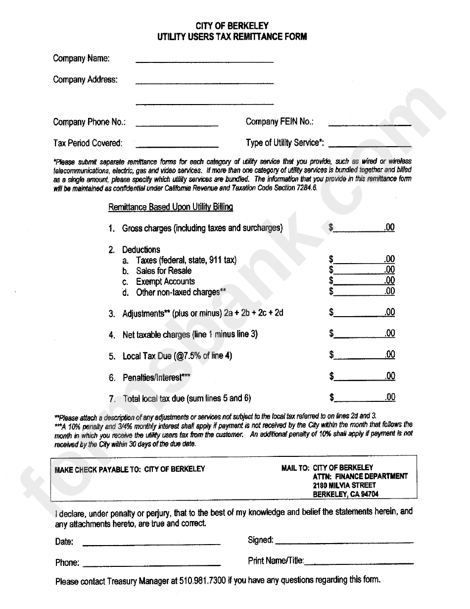 Utility Users Tax Remittance Form City Of Berkley printable pdf download