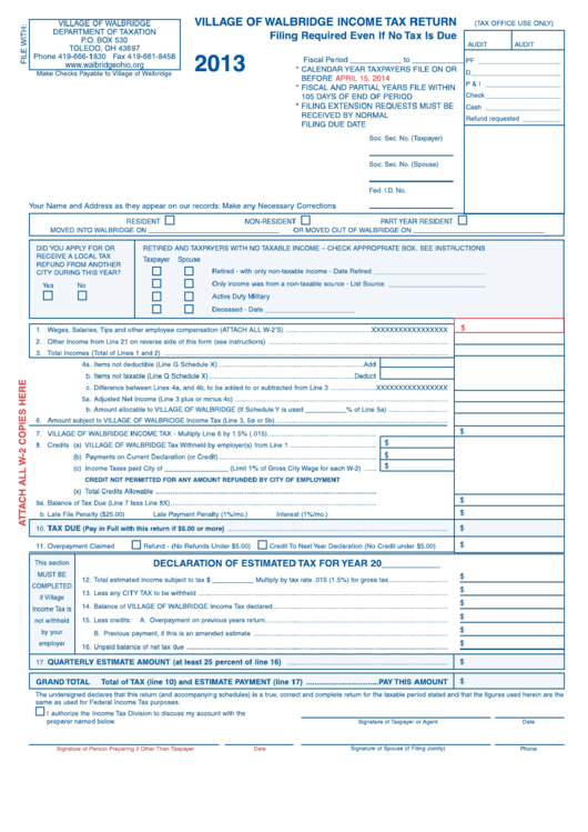 Village Of Walbridge Tax Return 2013 printable pdf download