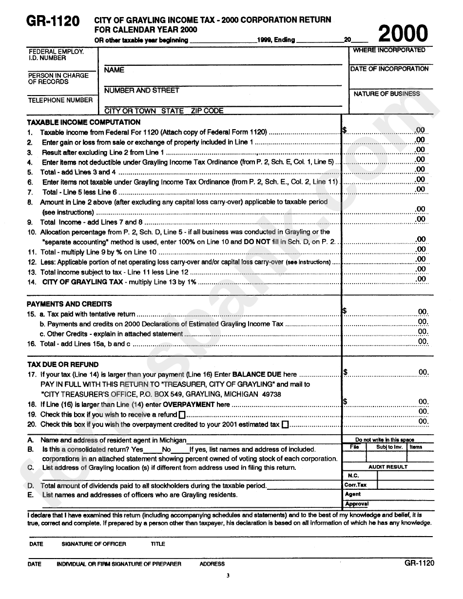 Form Gr1120 Corporation Return City Of Grayling Tax, 2000 printable pdf download