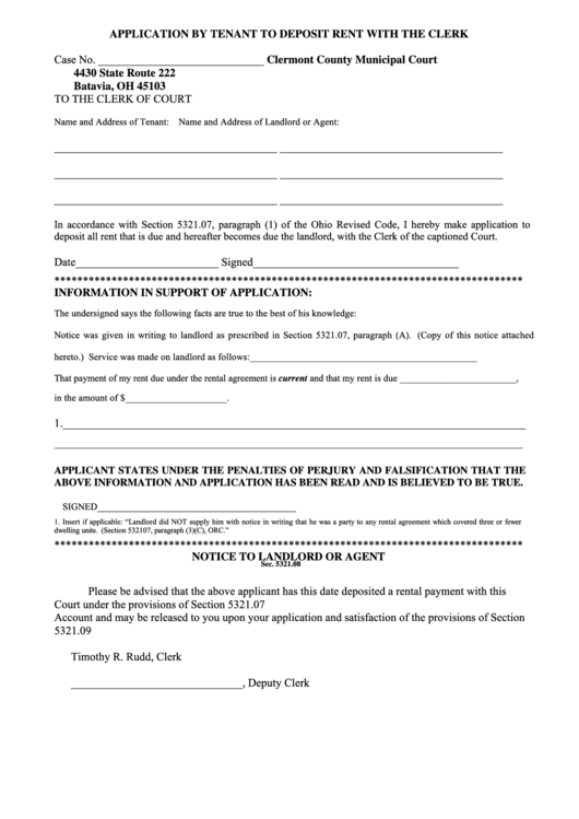 Fillable Application By Tenant To Deposit Rent With The Clerk printable