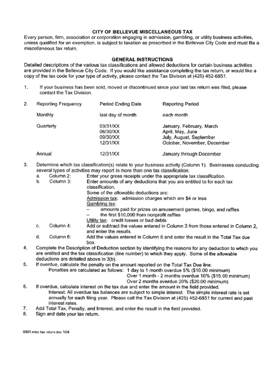 City Of Bellevue Miscellaneous Tax General Instructions printable pdf
