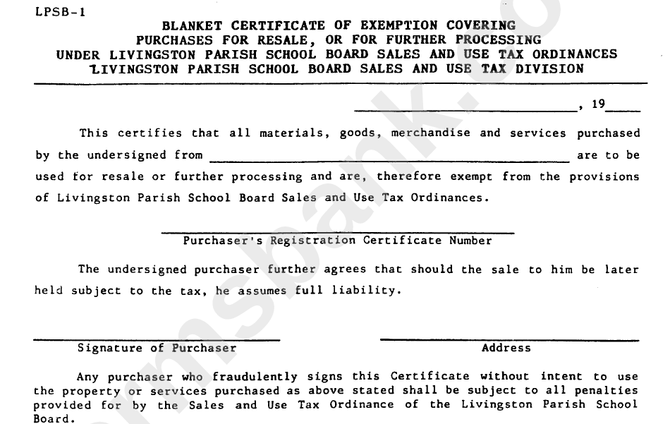 Form Lpsb1 Blanket Certificate Of Exemption Covering Purchases For