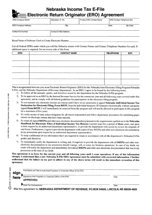 Nebraska Tax EFile Electronic Return Originator (Ero) Agreement