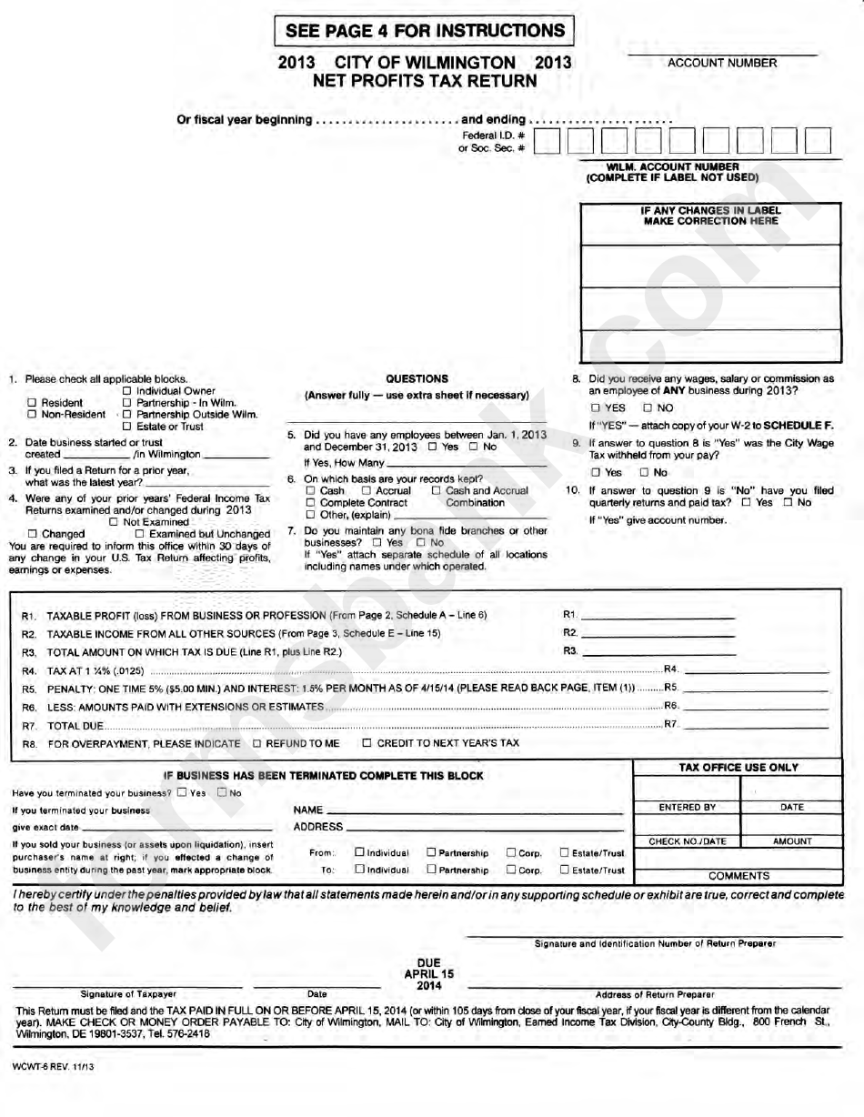 Form Wcwt6 Net Profits Tax Return City Of Wilmington 2013