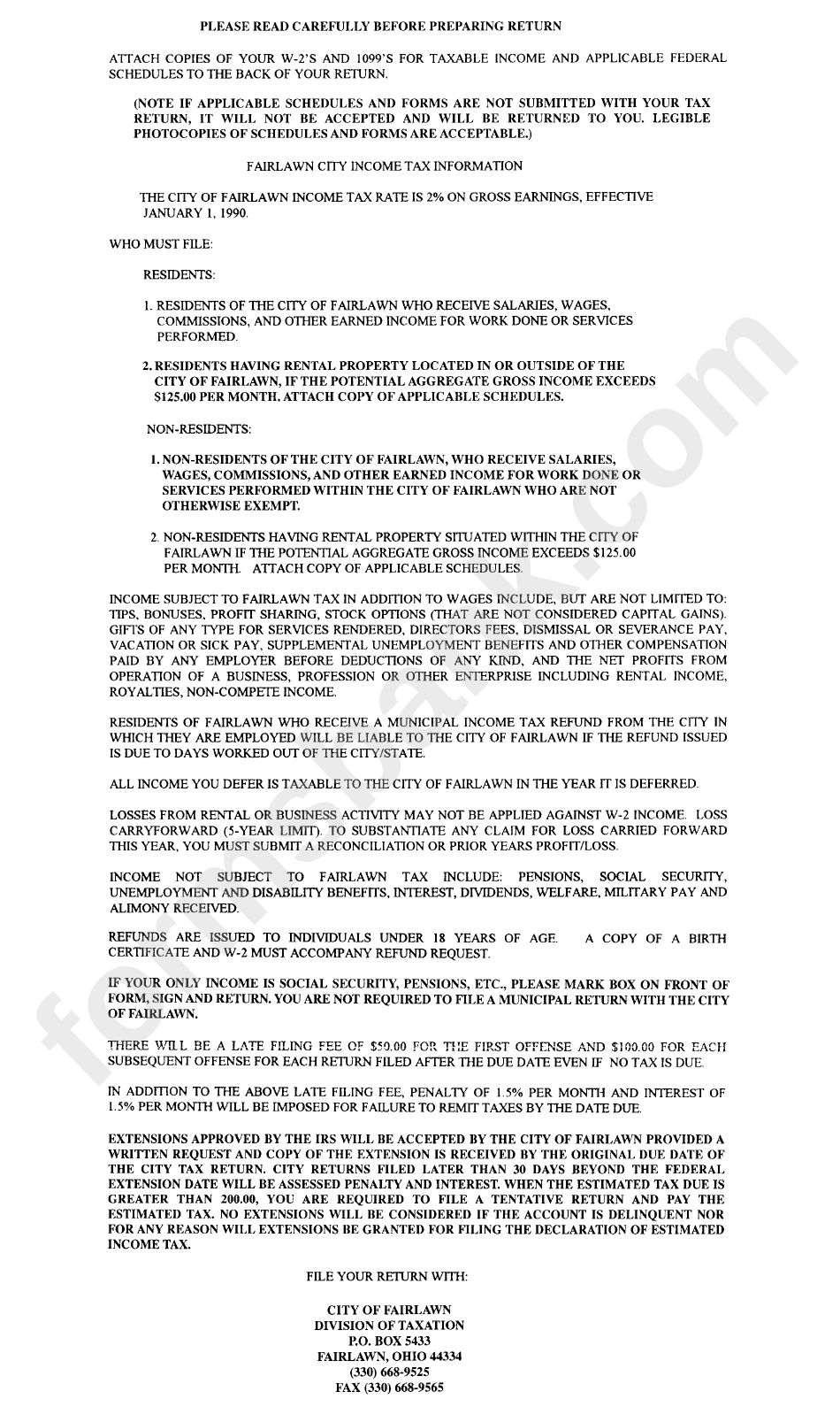 Instructions For Tax Return City Of Fairlawn Division Of