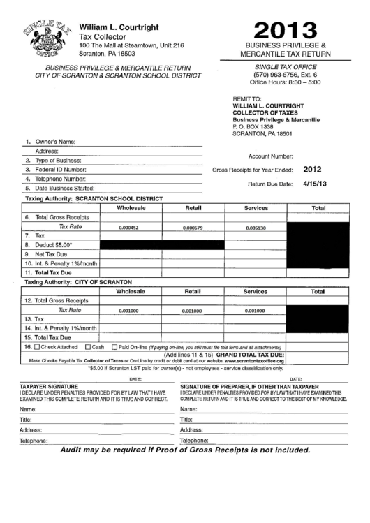 Business Privilege And Mercantile Tax Return Scranton Tax Office 2013 printable pdf download
