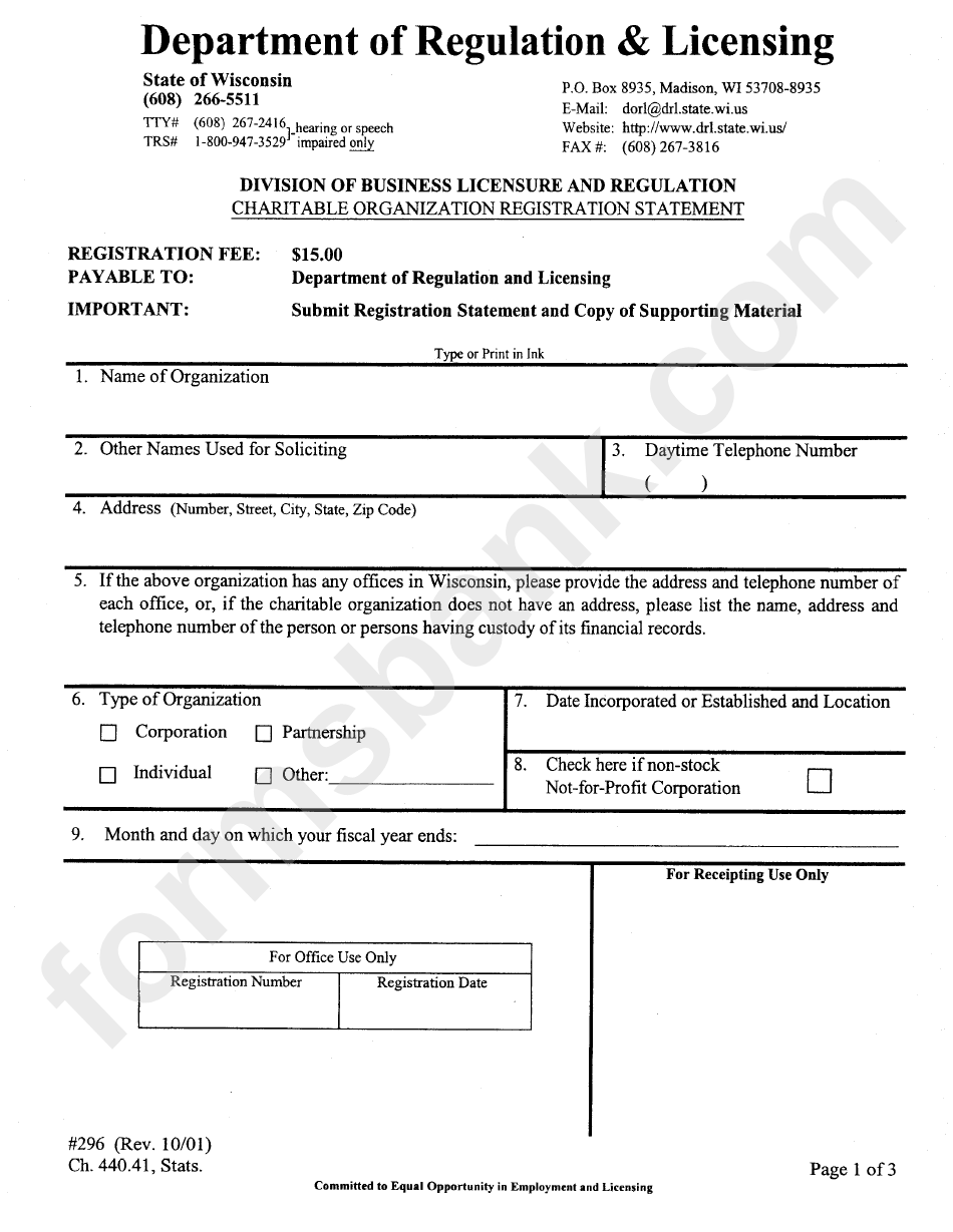 Charitable Organization Registration Statement Wisconsin Department