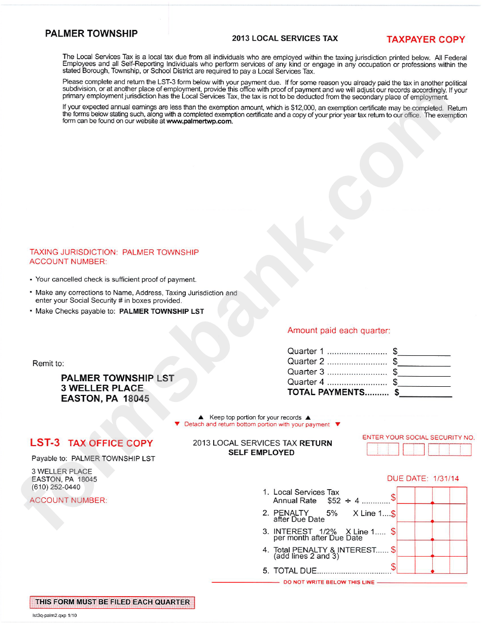 2013 Local Services Tax Palmer Township Lst printable pdf download