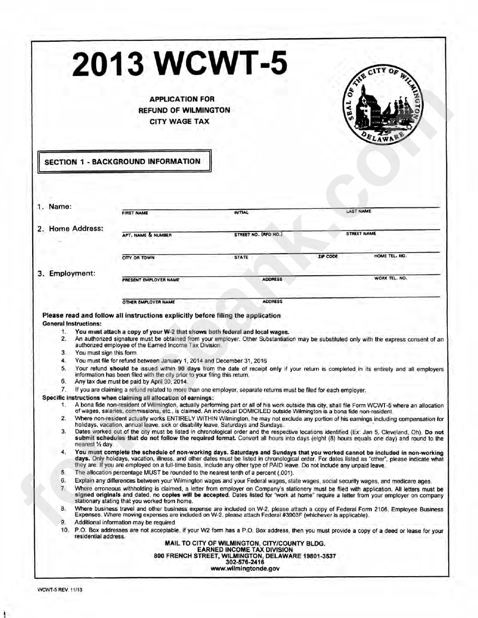 Form Wcwt5 Application For Refund Of Wilmington City Wage Tax 2013
