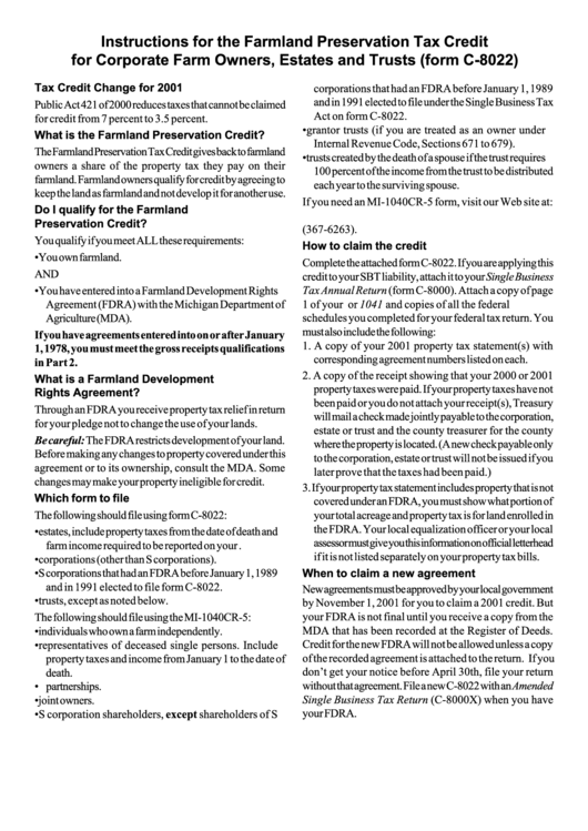 Instructions For The Farmland Preservation Tax Credit For Corporate