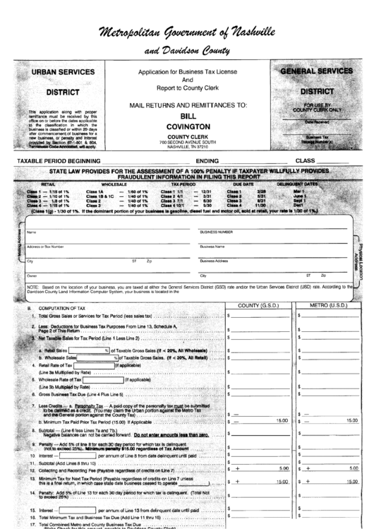 Application For Business Tax License And Report To County Clerk