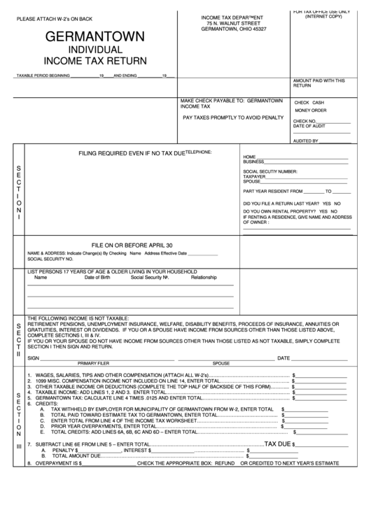 Individual Tax Return Form City Of Germantown printable pdf